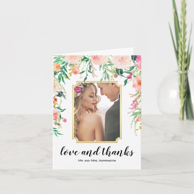 Watercolor Floral Wedding Photo Thank You (Front)