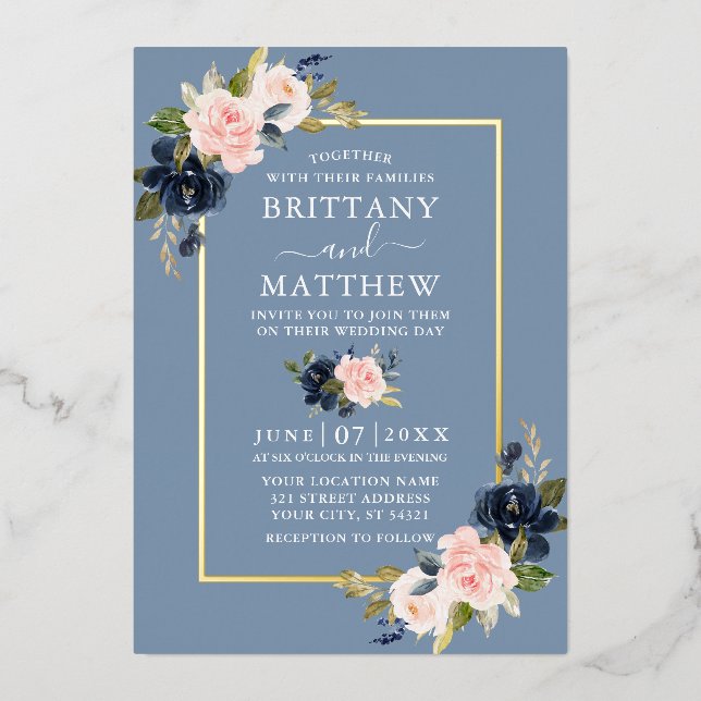 Watercolor Floral Wedding Pink Dusty Blue Gold (Front)