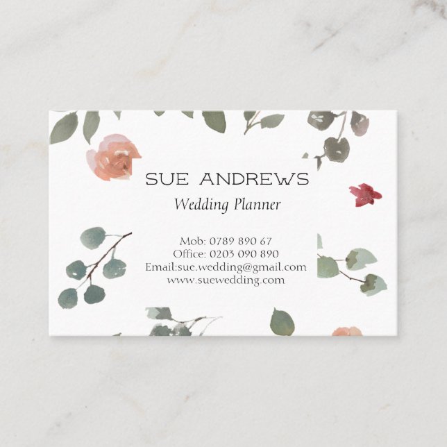 Watercolor Floral Wedding Planner Business Card (Front)