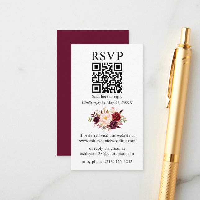 Watercolor Floral Wedding QR Burgundy RSVP Enclosure Card (Front/Back In Situ)