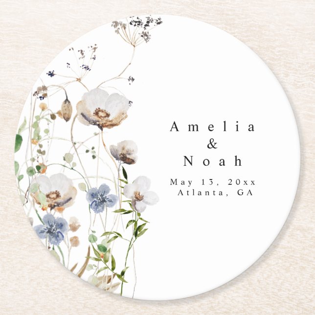 Watercolor Floral Wedding  Round Paper Coaster (Front)