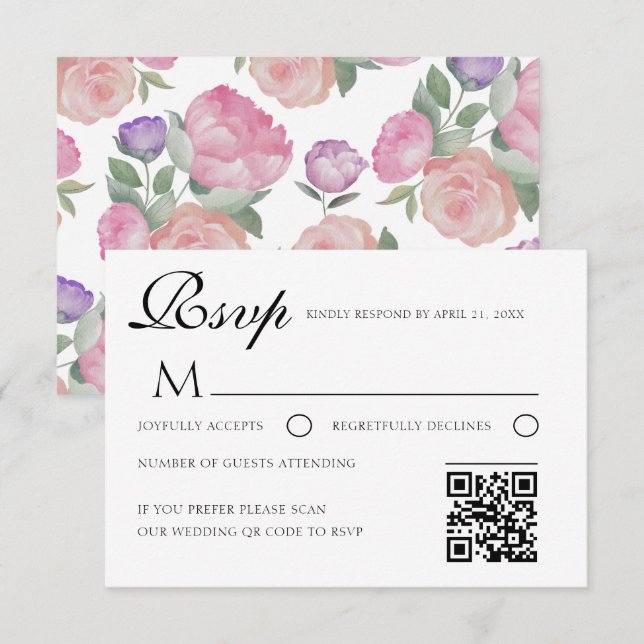 Watercolor Floral Wedding RSVP Card with QR Code (Front/Back)
