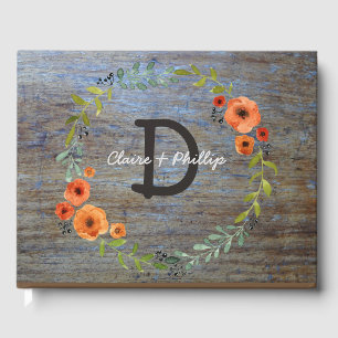 Watercolor Floral Wedding   Rustic Wood Monogram Guest Book