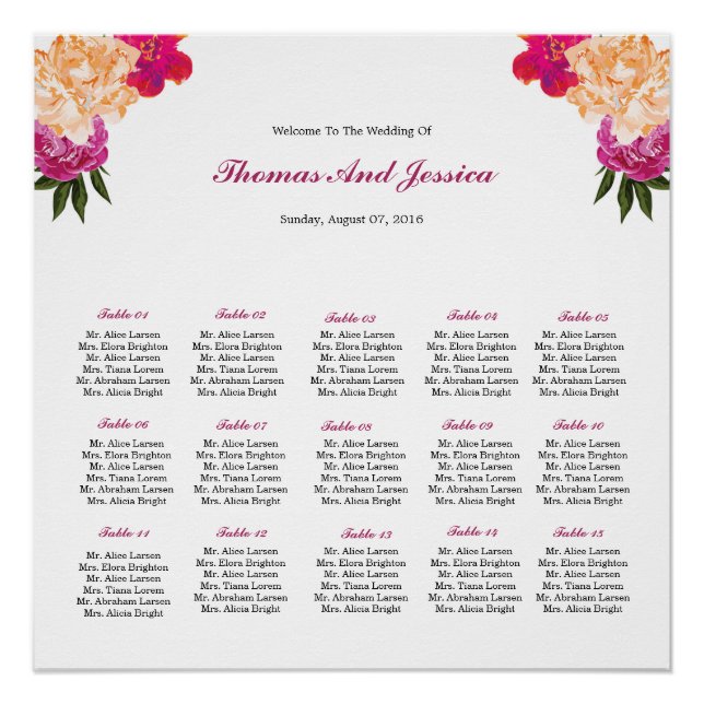 Watercolor Floral Wedding Seating Chart Poster (Front)