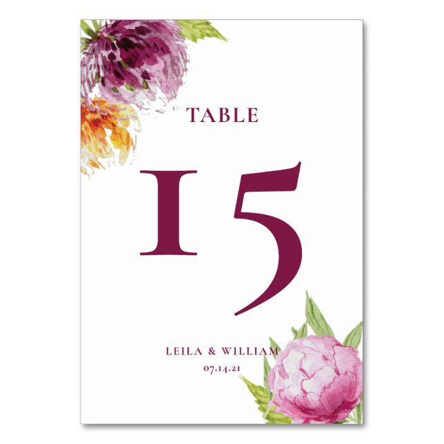 Watercolor Floral Wedding Table Number (Front)