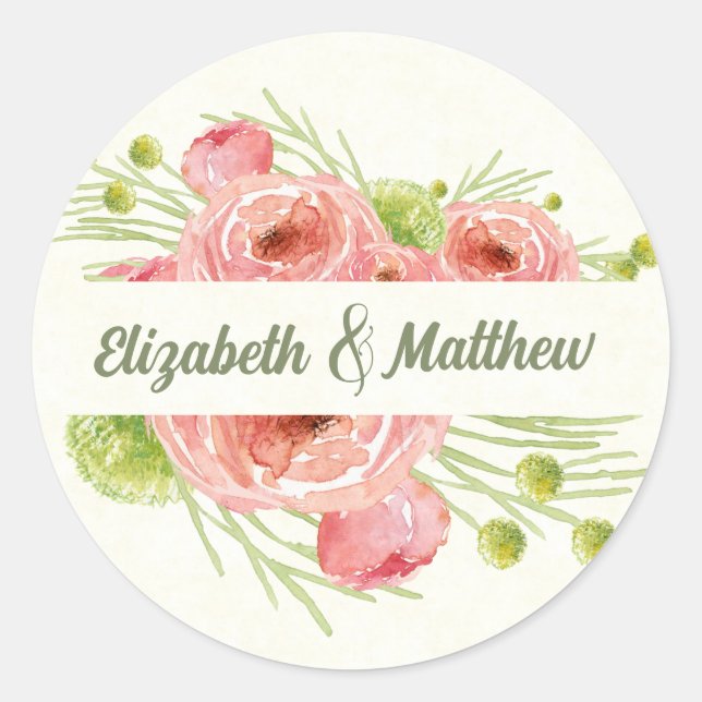 Watercolor Floral Wedding Thank You  Classic Round Sticker (Front)