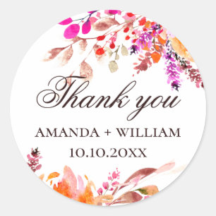 Watercolor floral wedding thank you. Pink flowers Classic Round Sticker