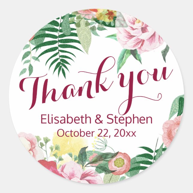 Watercolor Floral Wedding Thank You Square Sticker (Front)