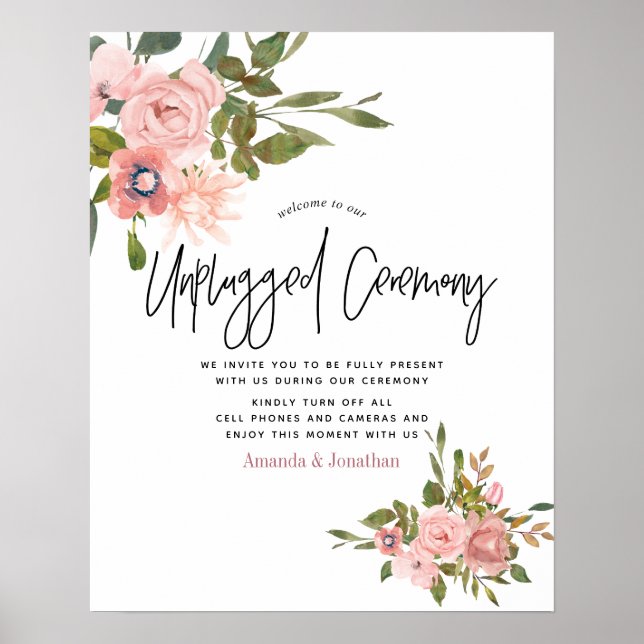 Watercolor floral Wedding Unplugged Ceremony Poster (Front)