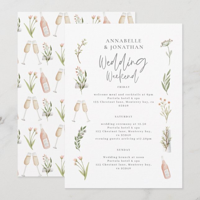 Watercolor floral wedding weekend itinerary (Front/Back)