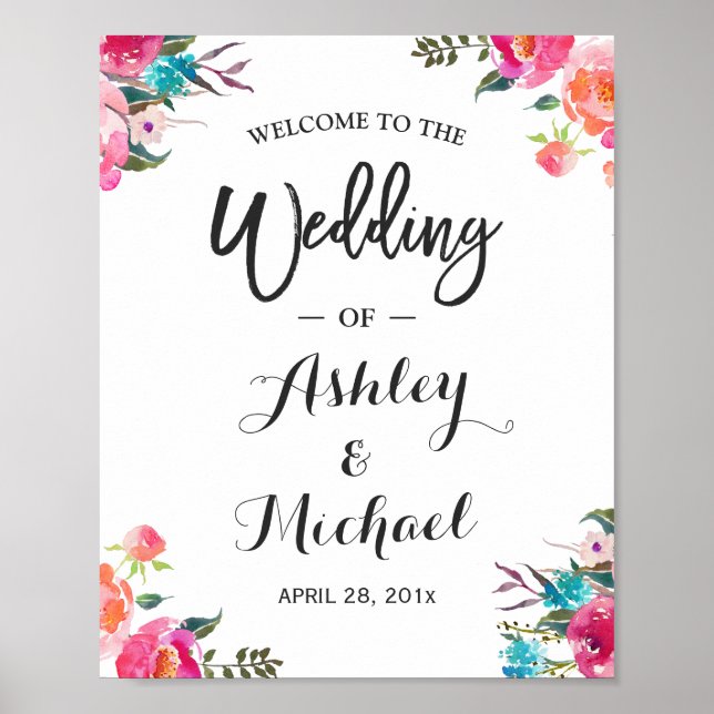 Watercolor Floral Welcome Wedding Reception Sign (Front)