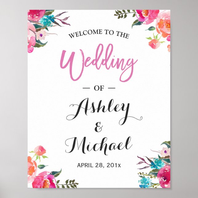 Watercolor Floral Welcome Wedding Reception Sign (Front)