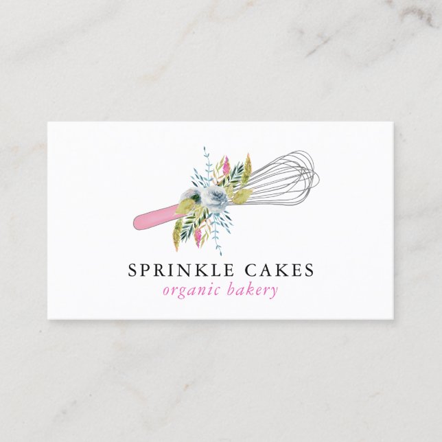 Watercolor Floral Whisk Bakery Business Card (Front)