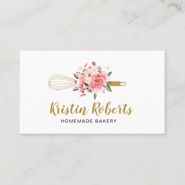 Watercolor Floral whisk For Bakery Business Card (Front)