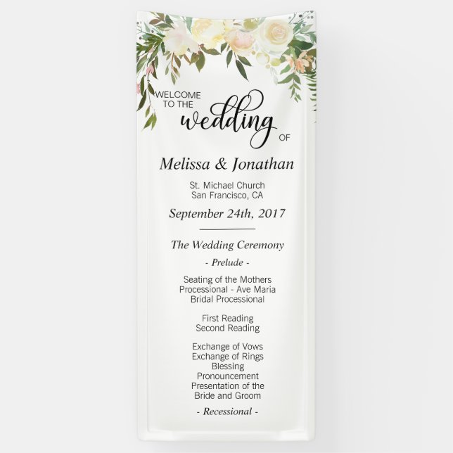 Watercolor Floral White Cream Wedding Program Banner (Vertical)