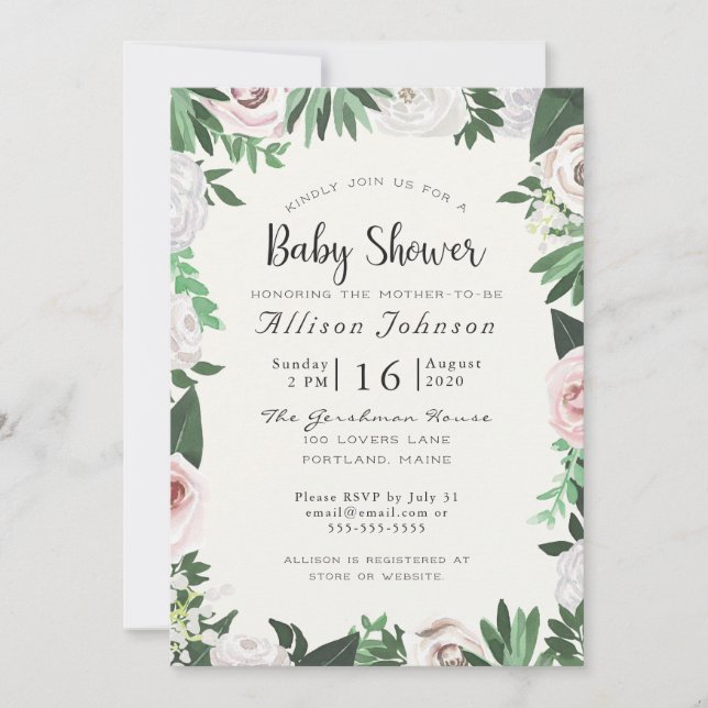 Watercolor Floral White Green Baby Shower Card (Front)