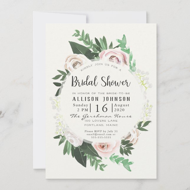 Watercolor Floral White Green Bridal Shower Card (Front)