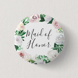 Watercolor Floral White Green Maid of Honour 3 Cm Round Badge