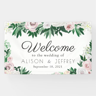 Watercolor Floral White Green Wedding Welcome Banner