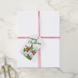 Watercolor Floral White Red Green Merry Christmas Gift Tags