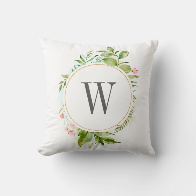 Watercolor Floral Wild Green Foliage Monogram Cushion (Front)