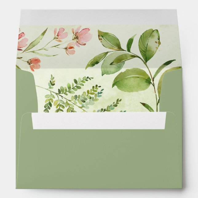 Watercolor Floral Wild Green Foliage Wedding Envelope (Back (Bottom))