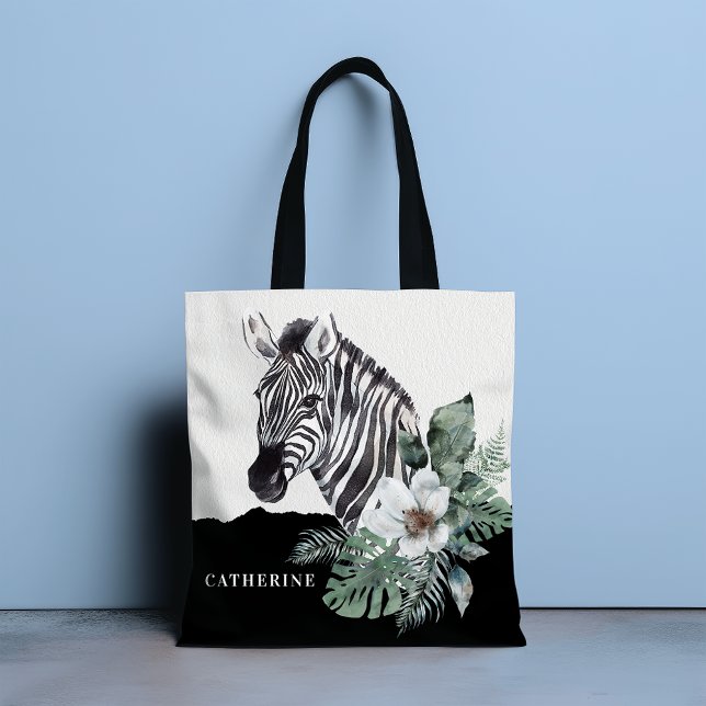 Watercolor Floral Wild Zebra Personalised Name Tote Bag (Creator Uploaded)