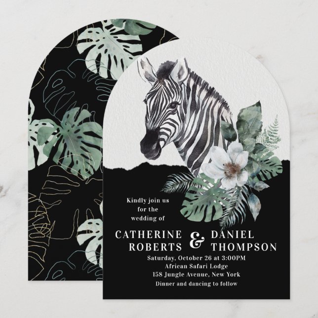 Watercolor Floral Wild Zebra Safari Wedding Invitation (Front/Back)
