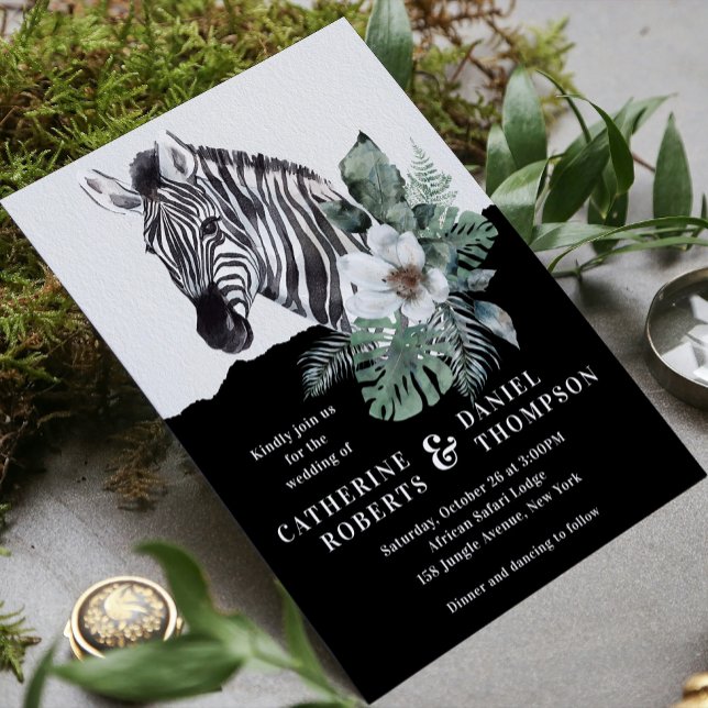 Watercolor Floral Wild Zebra Safari Wedding Invitation (Creator Uploaded)