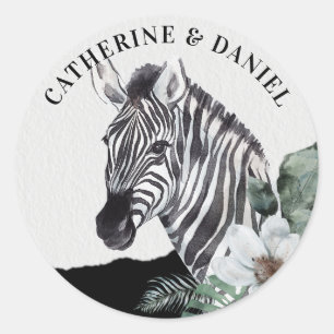 Watercolor Floral Wild Zebra Safari Wedding Names Classic Round Sticker