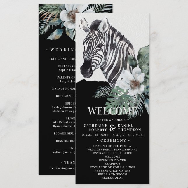 Watercolor Floral Wild Zebra Safari Wedding Programme (Front/Back)