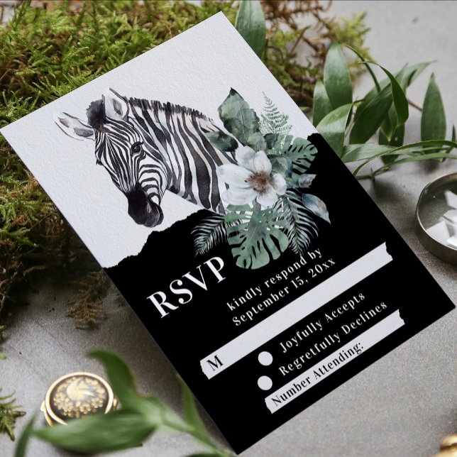 Watercolor Floral Wild Zebra Safari Wedding RSVP Card (Creator Uploaded)