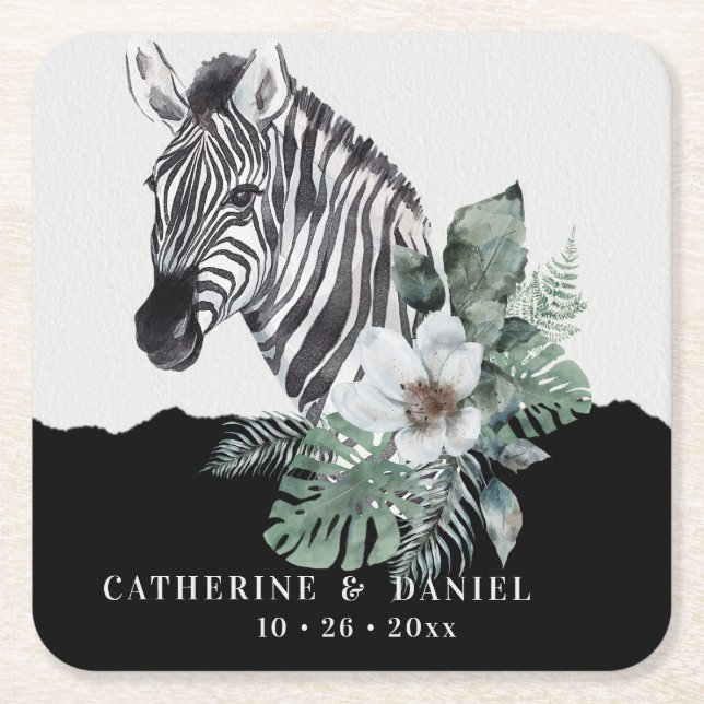 Watercolor Floral Wild Zebra Safari Wedding Square Paper Coaster (Front)