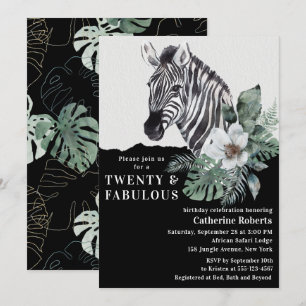 Watercolor Floral Wild Zebra Twenty 20th Birthday Invitation