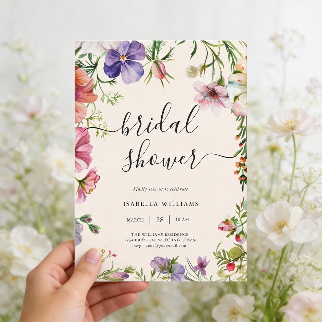 Watercolor Floral Wildflower Bridal Shower Invitation (Front of invite shown in 5 x 7 inches, choose size, paper, and corner style.)