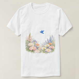 Watercolor Floral Wildflower Meadow Bluebird  T-Shirt