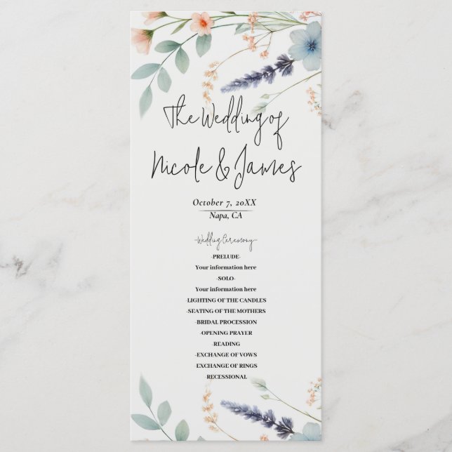 Watercolor Floral Wildflower Wedding Program Programme (Front)