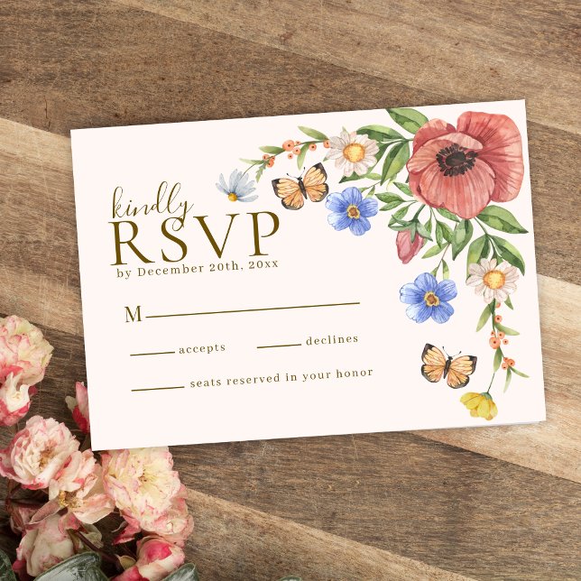 Watercolor floral Wildflowers Boho Wedding RSVP Card (Creator Uploaded)