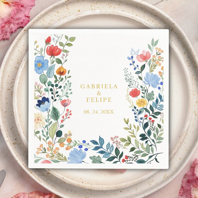 Watercolor Floral Wildflowers Gold Boho Wedding Napkin (Creator Uploaded)