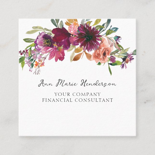 Watercolor Floral Wildflowers  Square Business Card (Front)