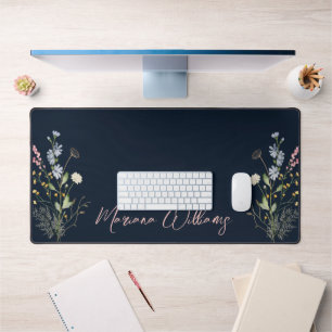 watercolor floral wilfdlowers deep blue botanical desk mat