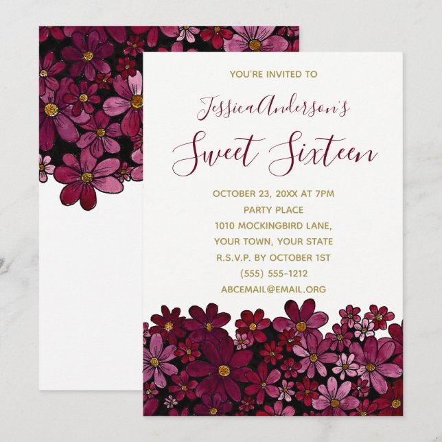 Watercolor Floral Wine Gold Sweet 16 Birthday Invitation (Front/Back)