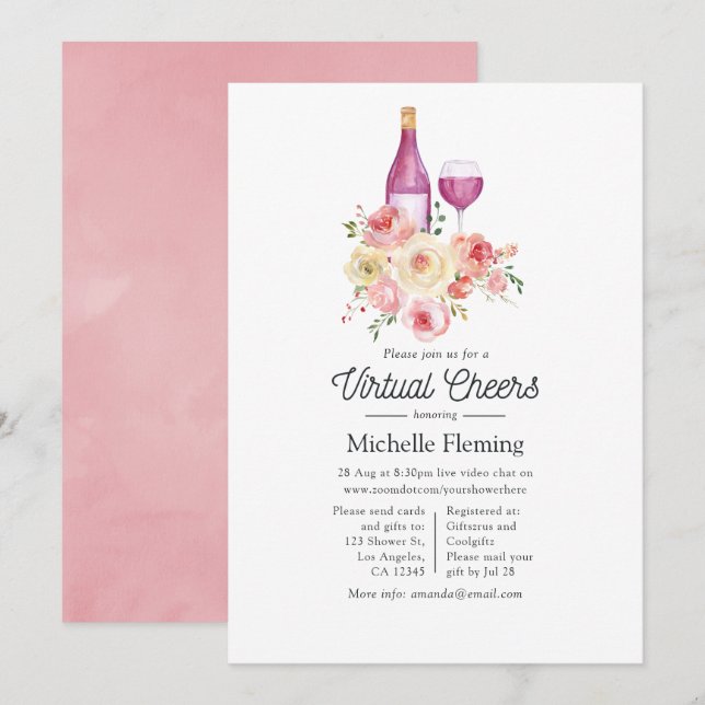Watercolor Floral Wine Toasting Virtual Shower Invitation (Front/Back)