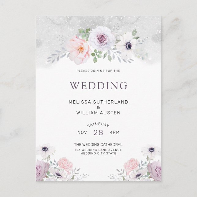Watercolor Floral Winter Anemone Rose Wedding Invitation Postcard (Front)