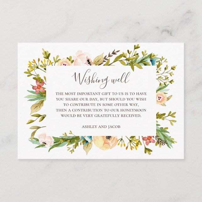 Watercolor floral wishing well. Greenery wedding Enclosure Card (Front)