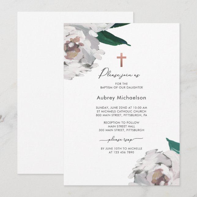 Watercolor Floral with Cross Baptism Invitation (Front/Back)