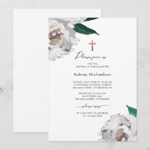Watercolor Floral with Cross Baptism Invitation