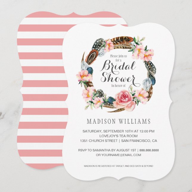 Watercolor Floral  with Feathers | Bridal Shower Invitation (Front/Back)