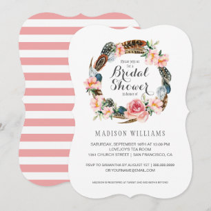 Watercolor Floral  with Feathers   Bridal Shower Invitation