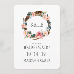 Watercolor Floral with Feathers Bridesmaid Invitation